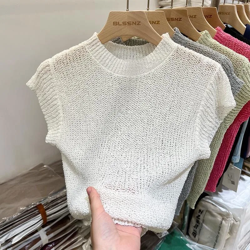 Knitted Sweater Vests Women Solid Hollow Out Slim Summer O-neck Office Lady Simple Korean Style Daily Pullover Fashion Basic