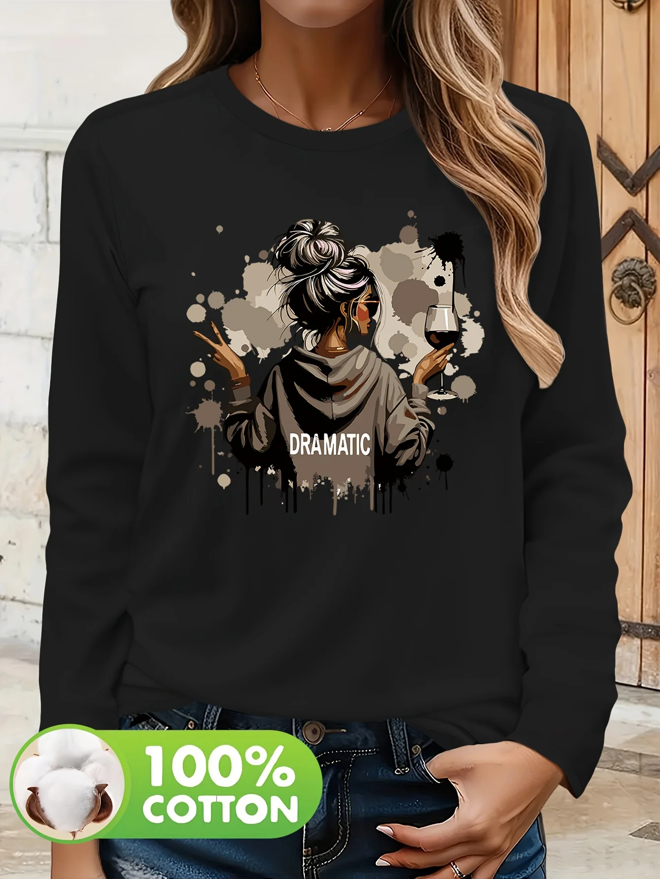 Y2k Fashion Women's Dramatic Graphic 100% Cotton Long Sleeve T-Shirt Casual Top with Wine Glass Woman Design Fall Winter Shirt