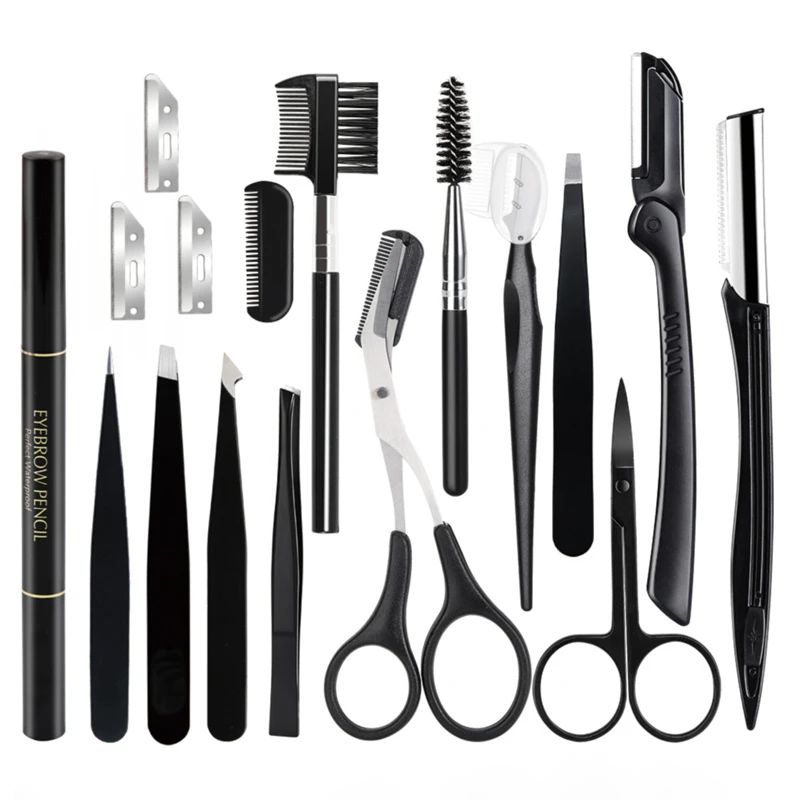 17 PCS Eyebrow Trimmer Set Eyebrow Razor Scraping Eyebrow Comb Razor Eyebrow Clip Scissors Tweezers Makeup Tools Sets