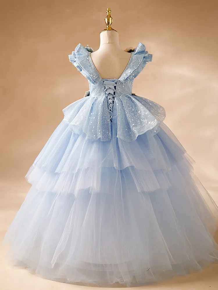 Fashion Ball Gown 3D Flowers Baby Flowers Girl Dresses Tulle Princess Children Wedding Birthday Prom Party Gowns