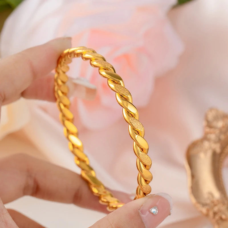 Luxury 999 Gold Twisted Rope Bangle, Matte Finish High Quality Ancient Craft Heritage, Fashion Solid Closed Cuff For Women