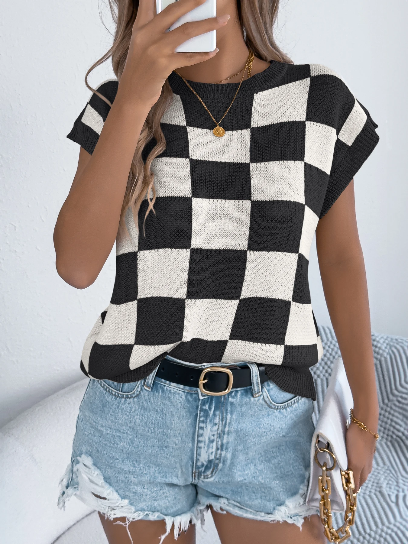 Women's Batwing Sleeve Plaid Pullover Knit Top Color Block Round Neck Beach Cover Up Lightweight Summer Vacation