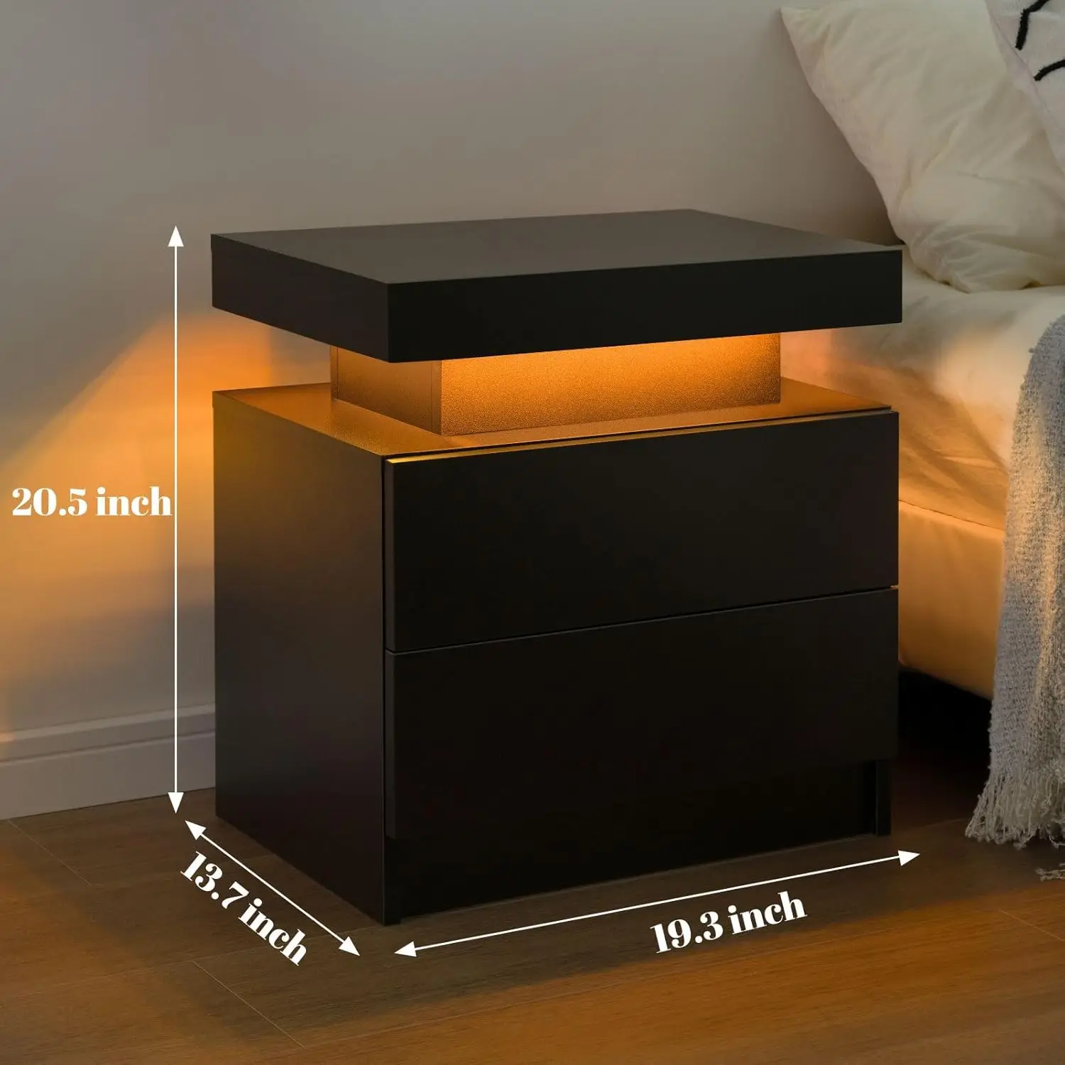 Black Nightstand LED Set of 2 Black Bedside Table LED Night Stand with LED Lights Modern End Side Table