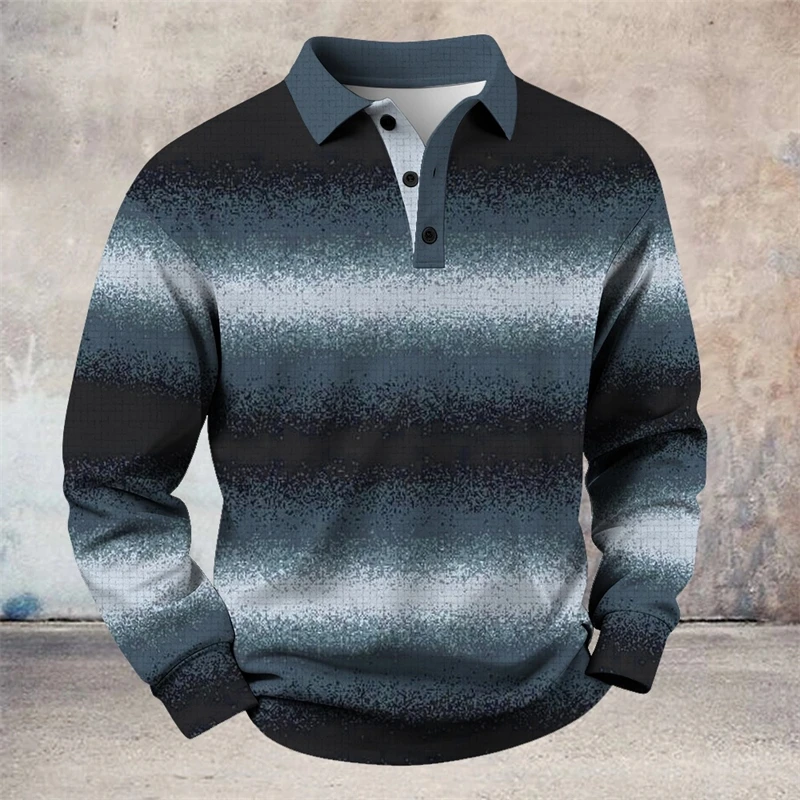 Simple Striped Long Sleeve Polo Shirts For Men Fashion Trendy 3D Printed Golf Polo Shirt Casual Oversized Lapel Button Tops - view 5