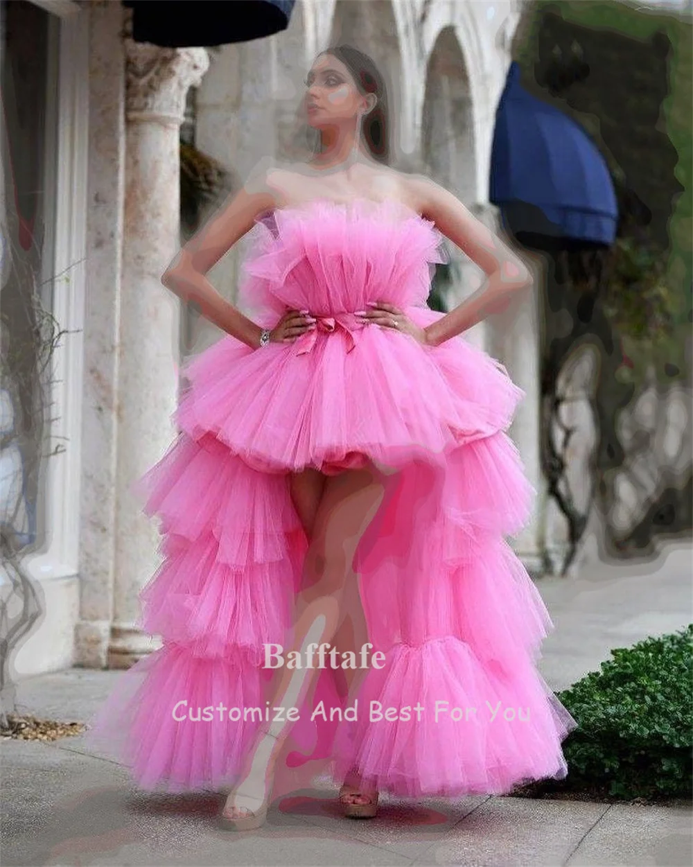 Pink Tulle High Low Prom Dresses Tiered Skirt Women Formal Dress Above Knee Sleeveless Special Evening Party Gowns Customized