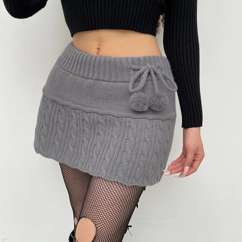 DSMTRC Preppy Style Cute Girl Streetwear Aesthetic Fairycore Drawstring Womens Mini Skirts Knitted Low Waist Y2K Short Skirt