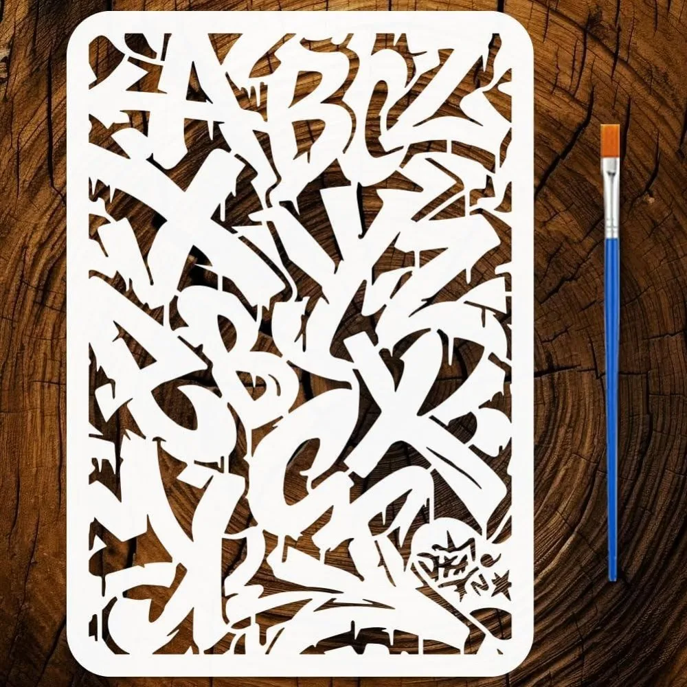 Doodle Letter Painting Stencil with Paint Brush A4 Reusable Letters Pattern Stencil Graffiti Theme Template for Painting