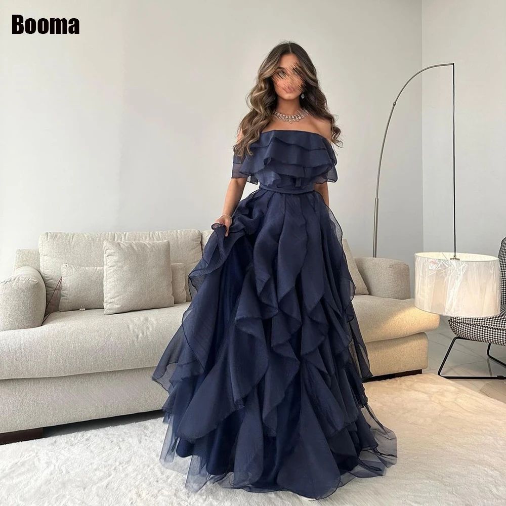 

Booma Navy Blue Prom Dresses Off The Shoulder Simple Tiered Evening Gowns Floor Length Formal Occasion Dresse Robes De Soirée