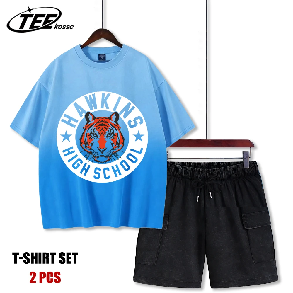 

Hawkins 1983 High School Design Tie-Dye T Shirts Men Summer New Tees & Shorts Set Breathable Vintage Tee Cotton Short Sleeve