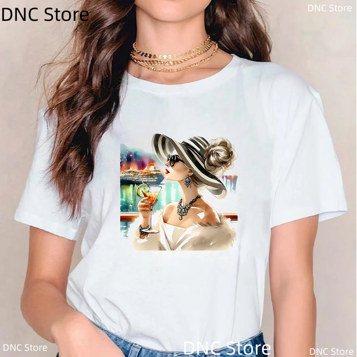 

Elegant Lady In Striped Hat And Sunglasses Sipping Cocktail By A Luxury Cruise Ship,Fashion Women Tshirt Summer O-Neck White Top