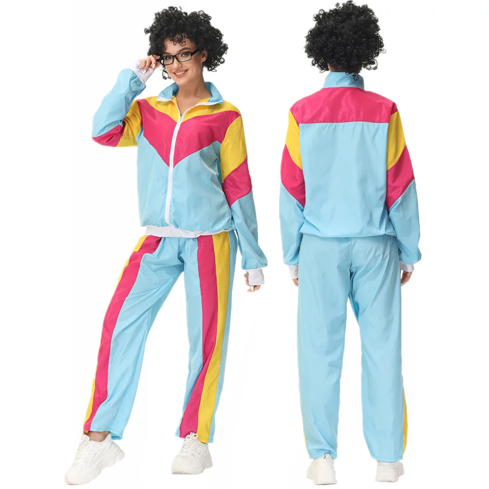 Karnaval parti cadılar bayramı 80s 90s disko hippi Cosplay kostüm yetişkin kadın pantolon ceket kıyafetler Sportwear Retro Suit