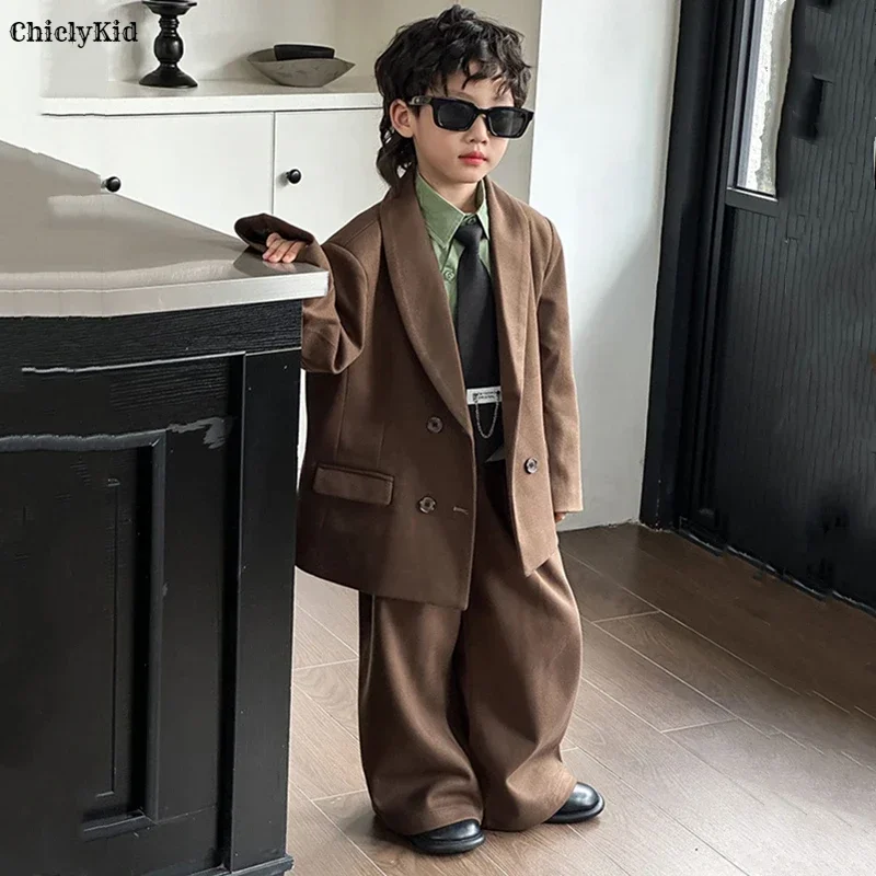 Boys Woollen Loose Blazer Jacket Pants Suits Kids Formal Dress Performance Casual Clothes Sets Child Toddler Party Leisure Suit
