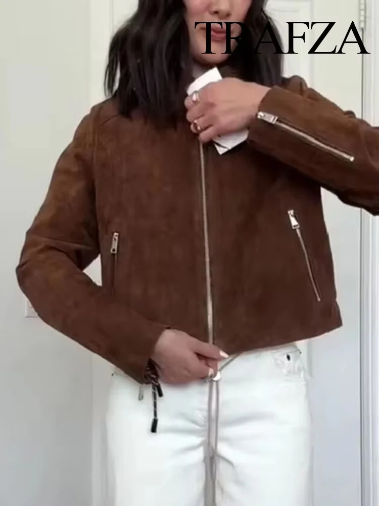 

TRAFZA Women's Autumn Fashion Popular Lapel Short Pure Leather Jacket Female Temperature Casual Zipper Pocket Street Slim Coat