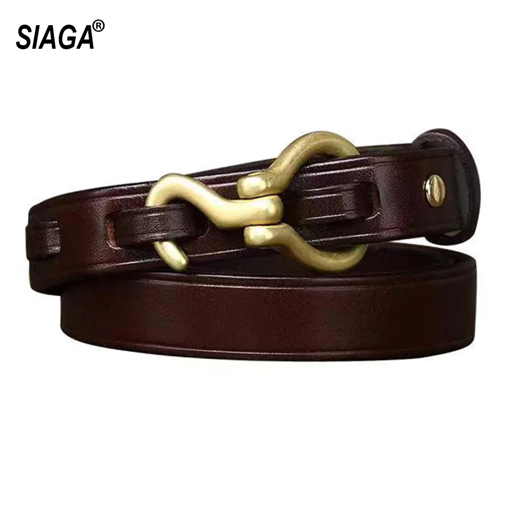 

Solid Cow Leather Brass Hook Buckle Belts for Women 2.0cm Width