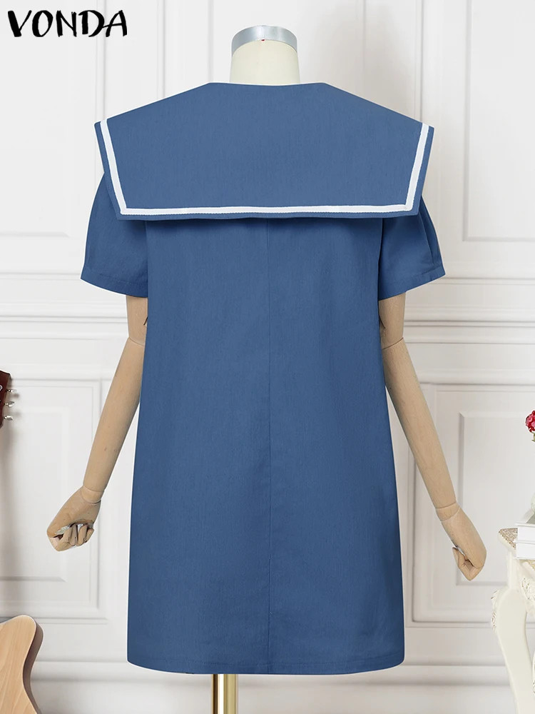 VONDA moda mujer Mini vestido con cuello de marinero 2025 vestido veraniego de verano de manga corta Casual Color Patchwork Vestidos cortos de gran tamaño
