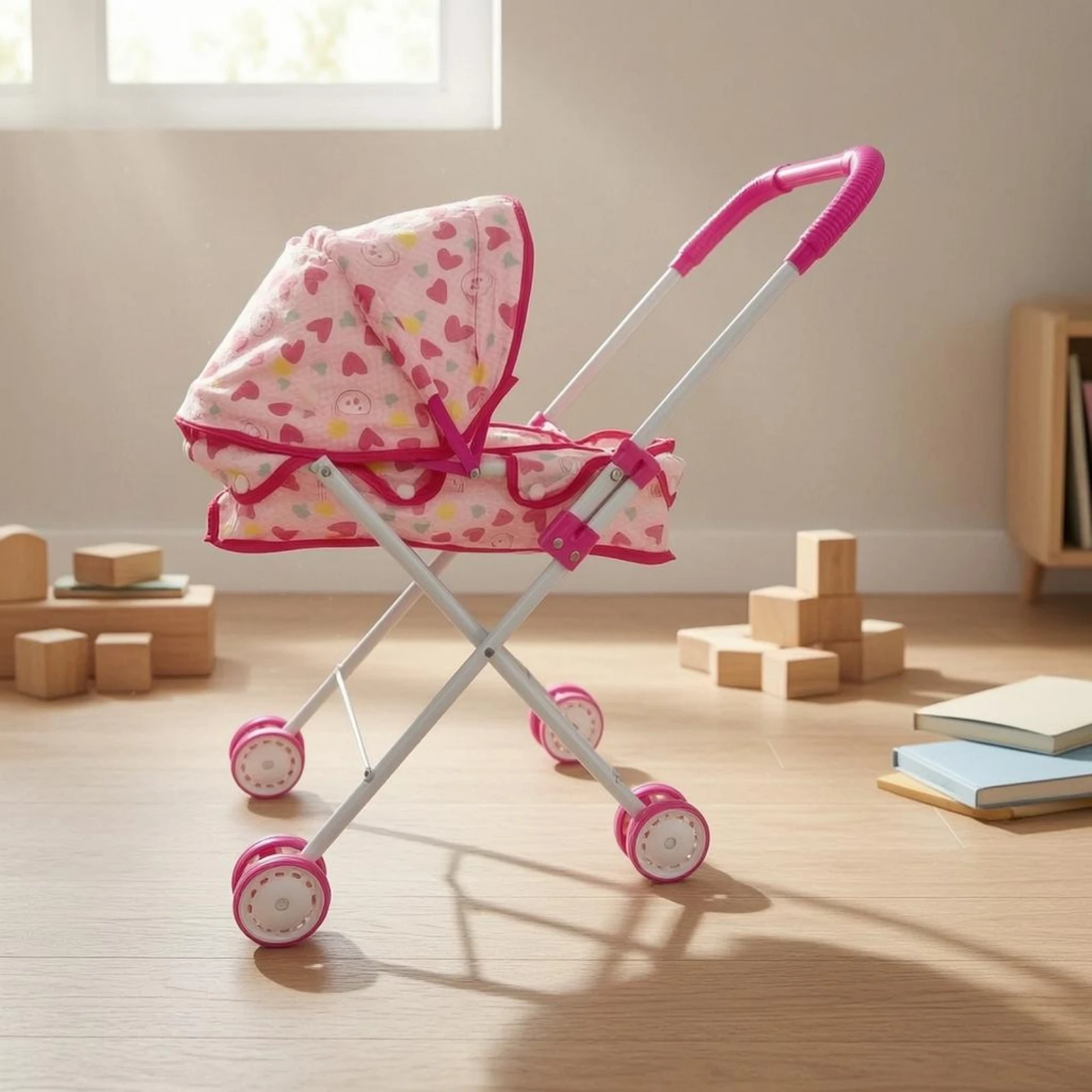 Foldable Doll Stroller Compact Pink Heart Stroller Children's Toy Wheeled