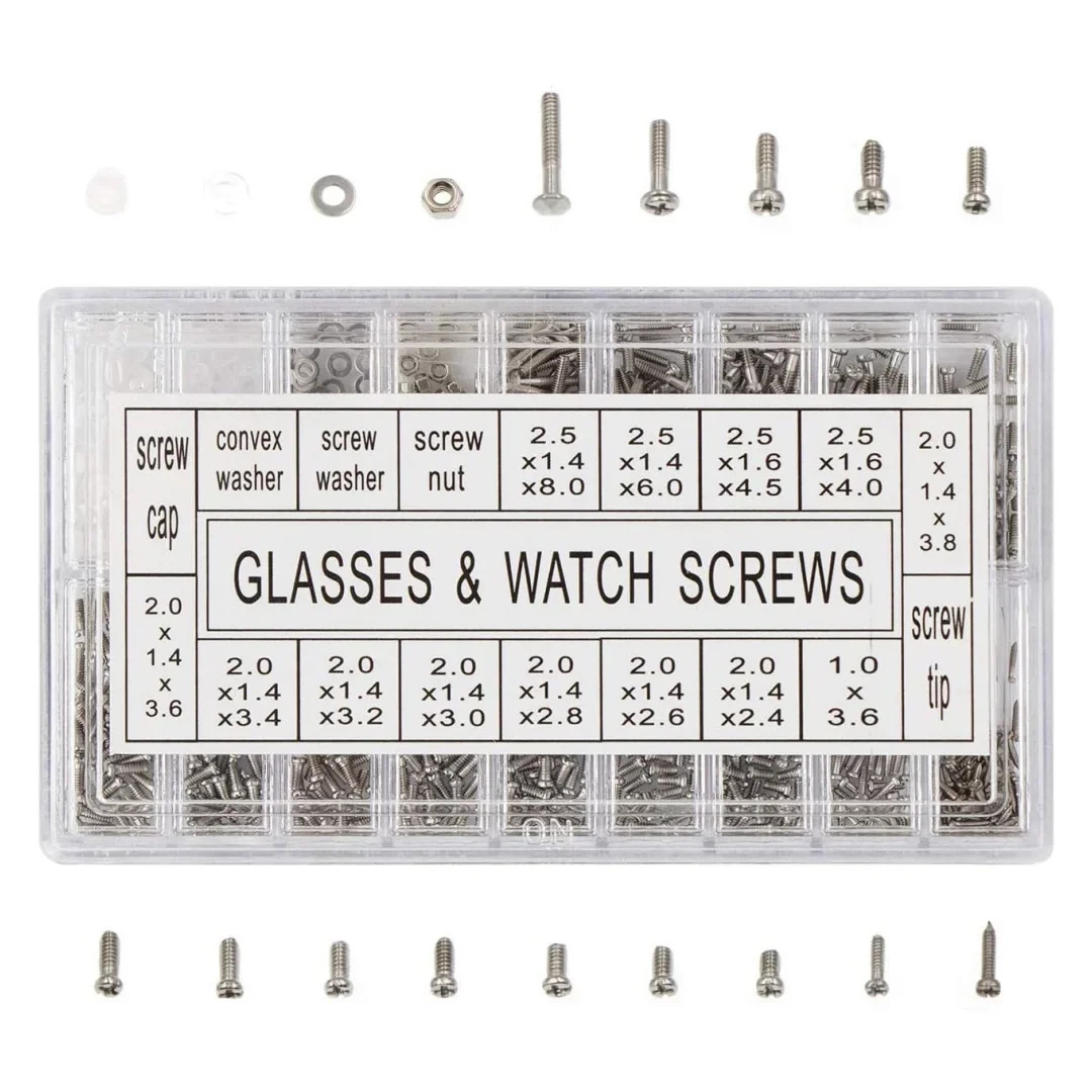 18 نوعًا في مجموعة أدوات إصلاح النظارات المعبأة في 1 تتضمن المسمار والمكسرات والغسالة وأغطية فاصل للإصلاح الدقيق