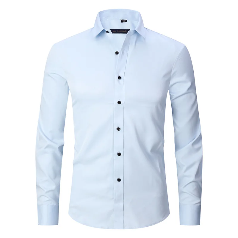 Camisas de vestir de fibra de bambú púrpura para hombre, Camisa de manga larga de marca, sólida, ajustada, informal, Formal, Camisa de trabajo sin hierro