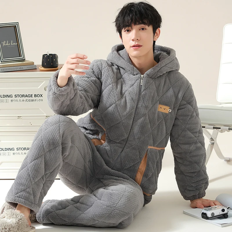 High Quality Winter Men Pajamas Set Thick Warm Mens Sleepwear 3 Layer Clip Cotton Hooded Pyjamas Male Homewear