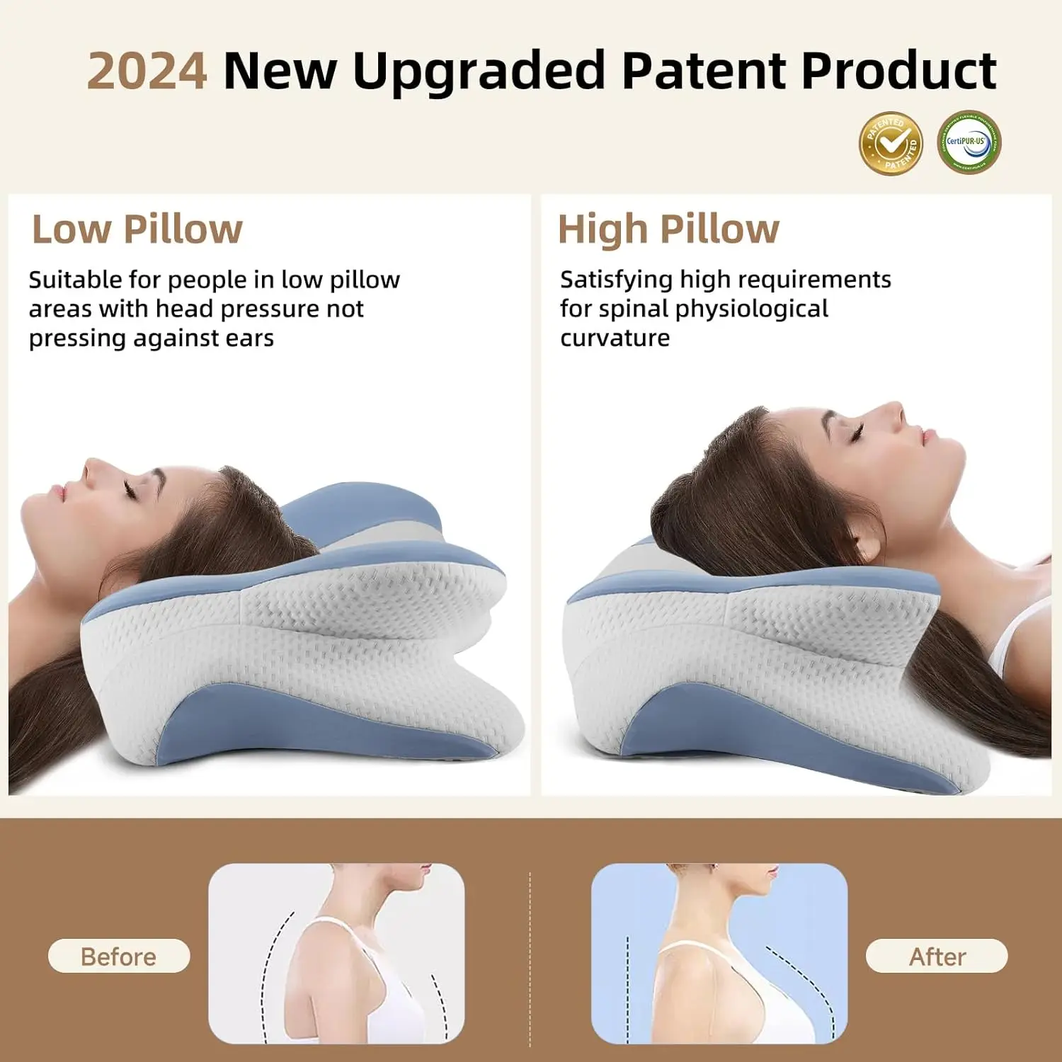 2024 Nieuw Ergonomisch Memory Foam Cervicaal Kussen Nek- en Schoudersteun Verstelbaar Voor Zijrug Maagslapers