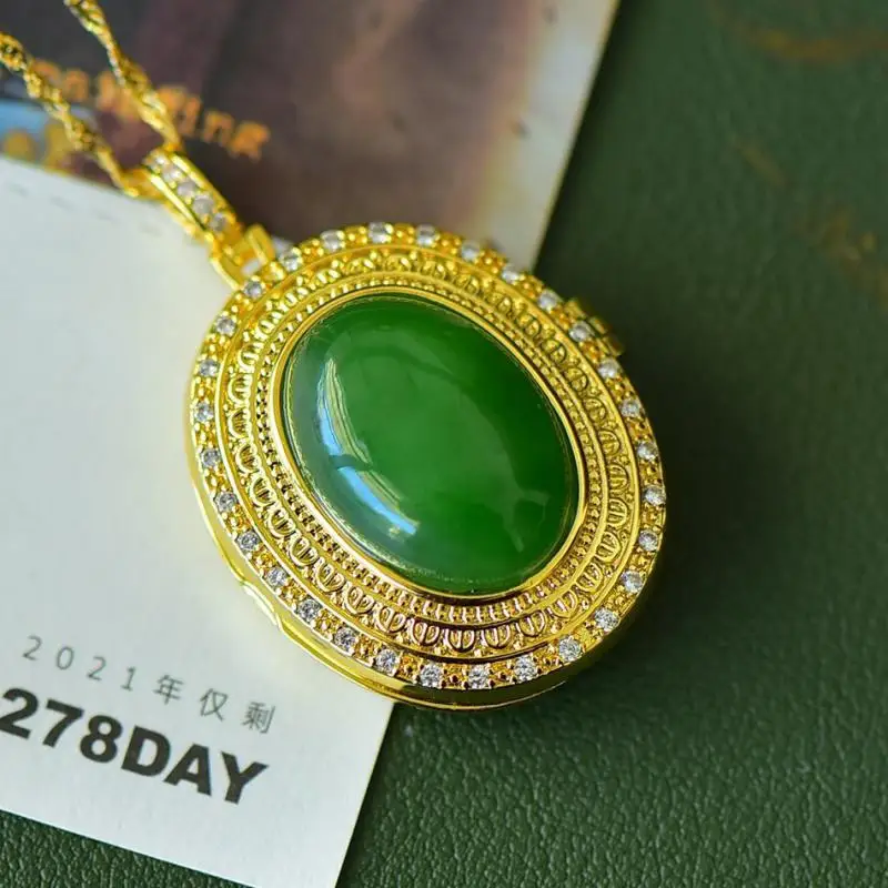 

Natural Green Jade Necklace Women Fine Jewelry Genuine Chinese Nephrite Hetian Jade Luxury Zircon Pendant Openable Necklace