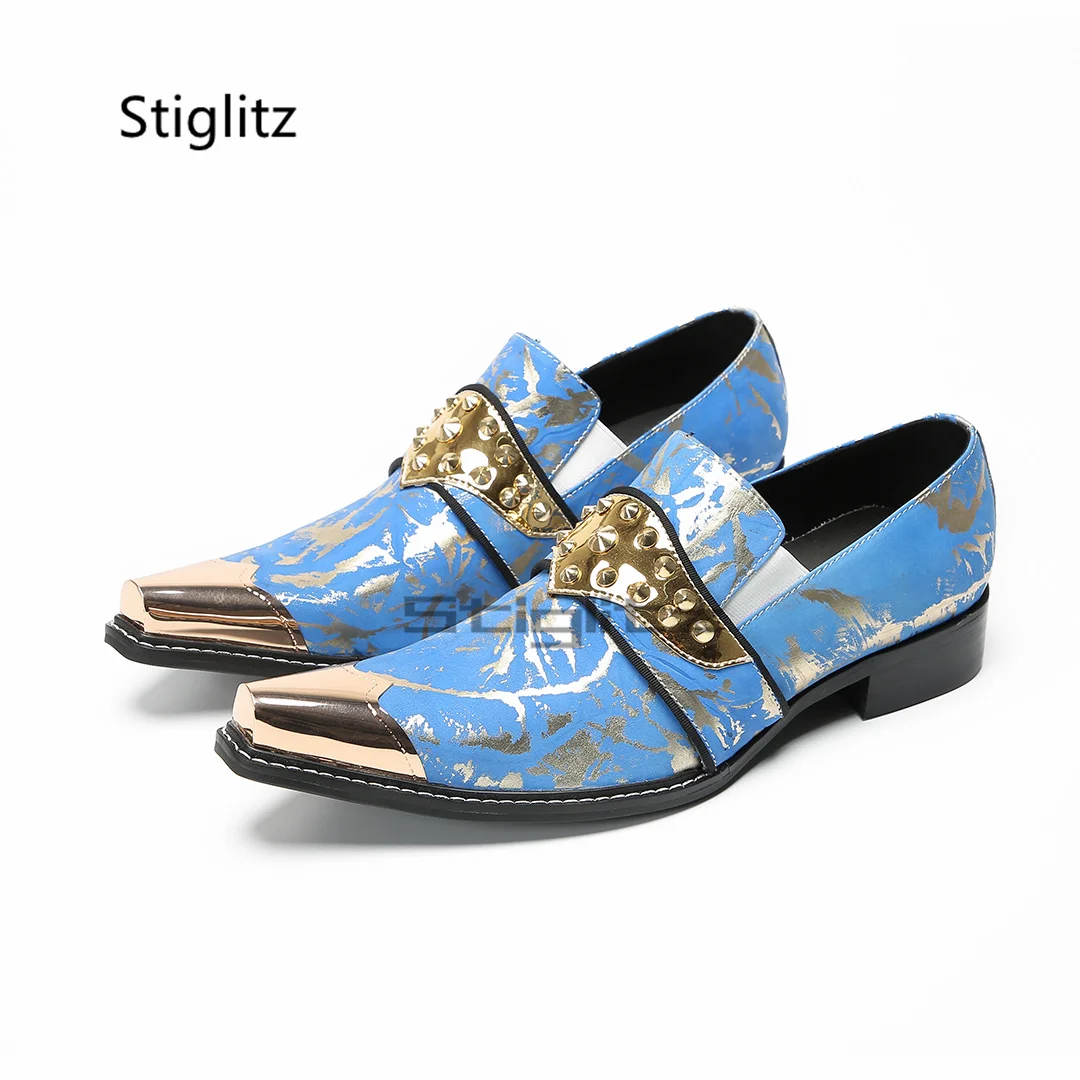 

Blue Prints Business Shoes for Men Genuine Leather Gold Rivets Metal Pointed Toe British Style Office Party Dress Shoes Slip On