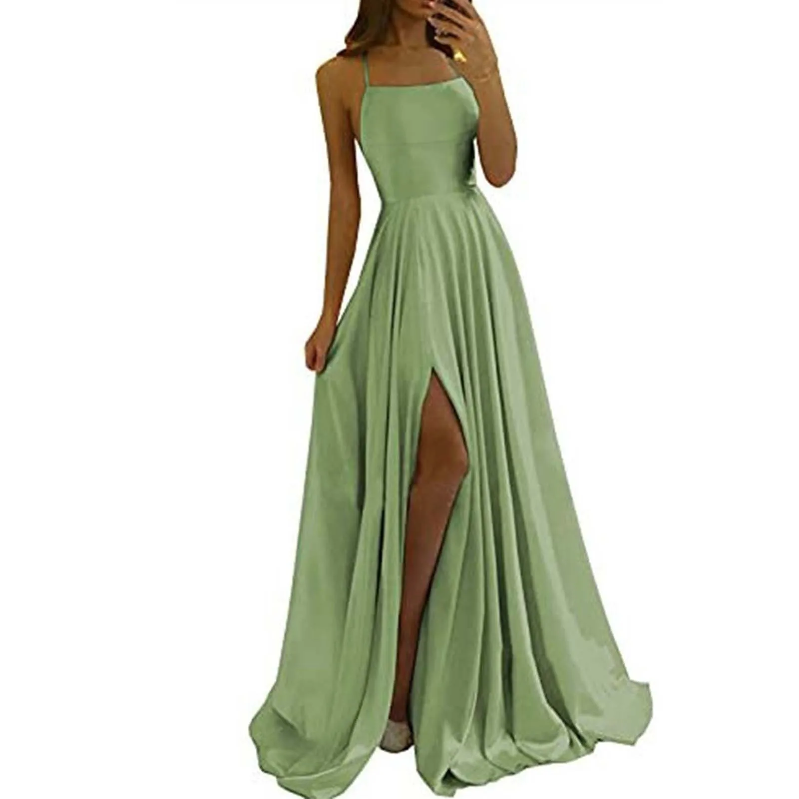 Dames Elegante Open Rug Hoge Splitten Cocktail Party Lange Jurk Vloer Lengte Mode Sexy Diepblauwe Satijnen Avond Prom Dress