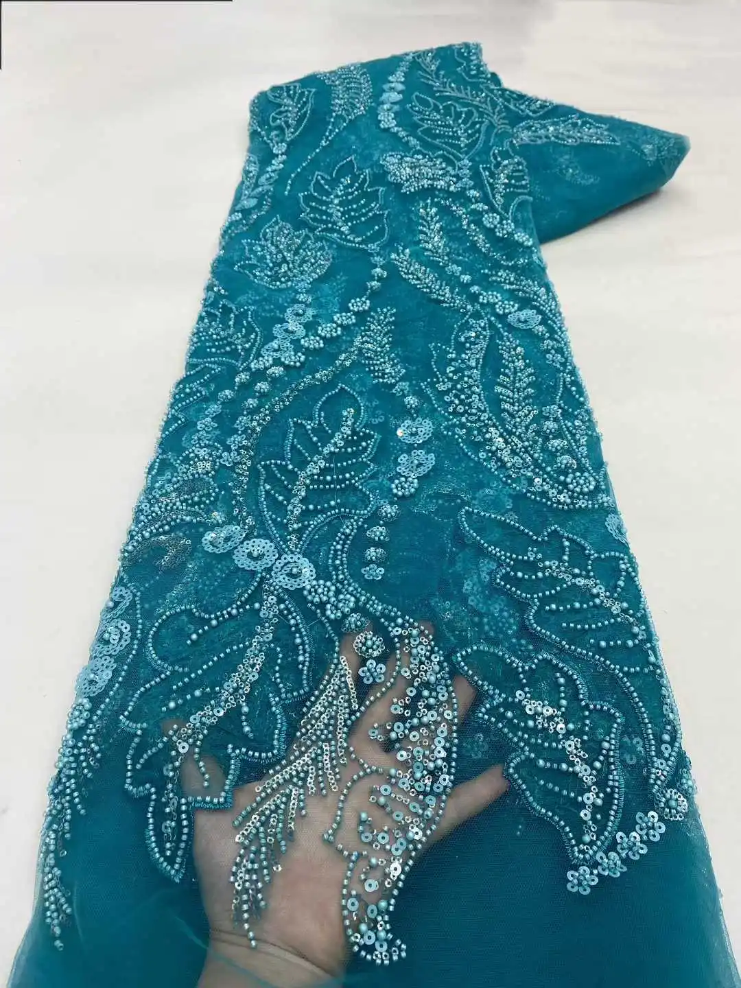 

Nigerian Beaded Embroidery Lace 2025 High Quality French Net Sequins Tulle African Lace Fabric for Luxury Wedding Party