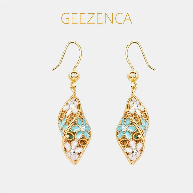 

GEEZENCA S925 Серебро 18 К Золото Эмаль Цветок Полые Висячие Серьги Женские Изящные Блестящие Итальянские Модные Серьги Любовь Подарок Ее