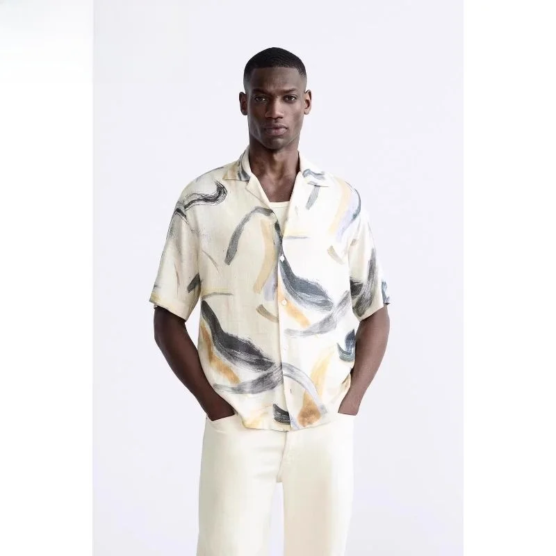 

Loose Watercolor Print Casual ort Sve irt New Men's Summer Faion 2024 Square Collar Other Scenarios Regular Thin