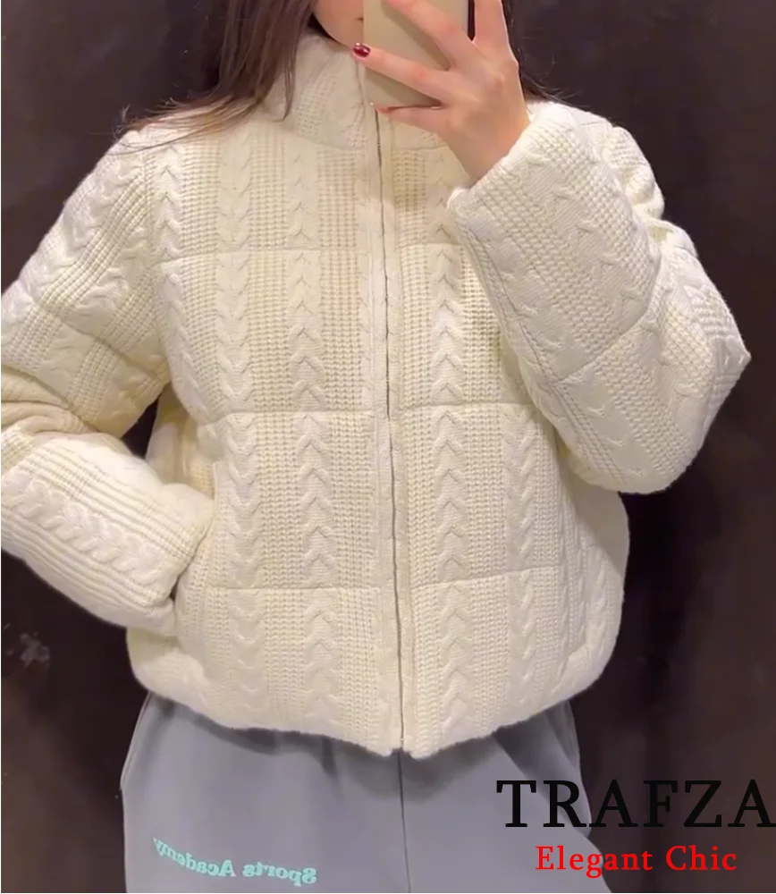 TRAFZA-Women Simple Knit Thick Jacket Coat Standing Collar Zip Blend White Coat 2024 Autumn Winter New Classic Romantic Coat