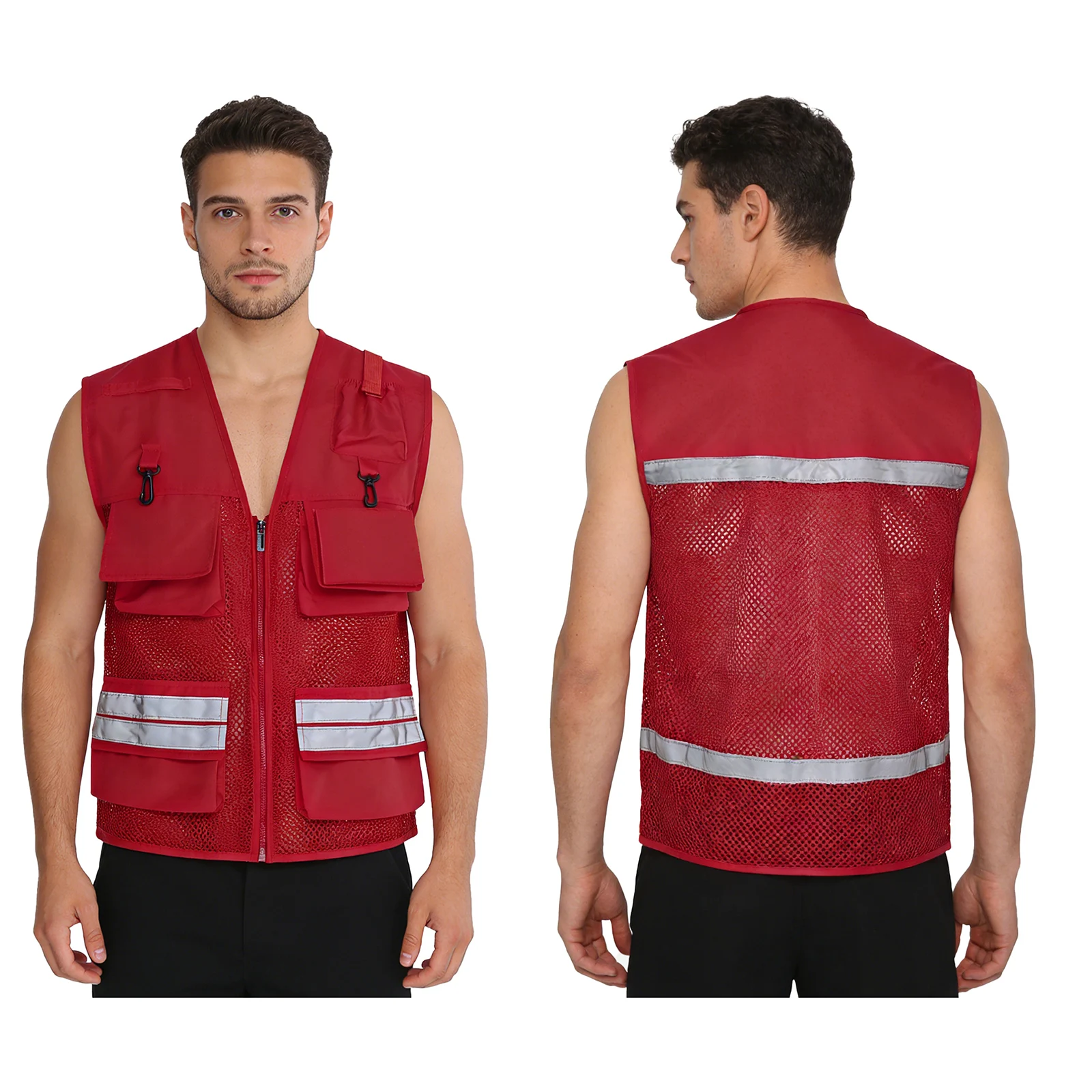 سترة كارجو للبالغين متعددة الجيوب، عاكسة للضوء، شبكية، بدون أكمام، بياقة على شكل V، بسحاب أمامي، ملابس عمل للصيد وركوب الدراجات ليلاً