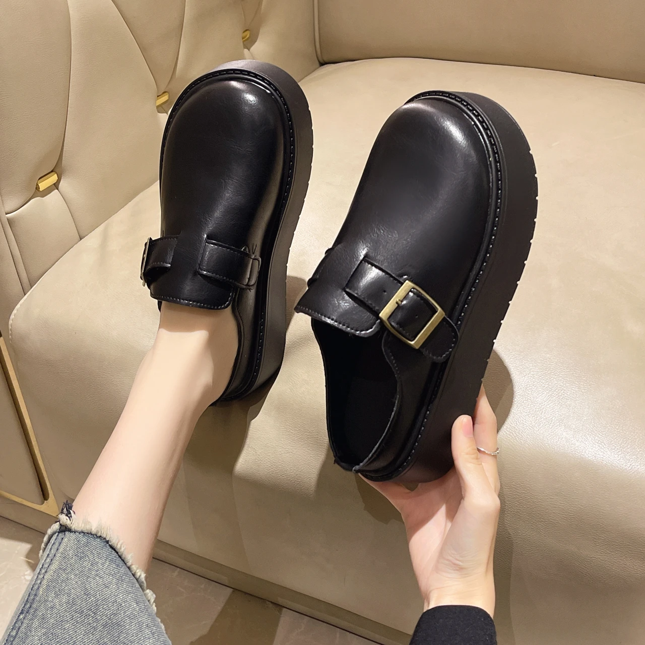 Womens Slippers with Mid Heel Close Toe Anti Slip Wear-resistant Belt Buckle Spring Autumn PU Black/brown Casual Flat Slippers