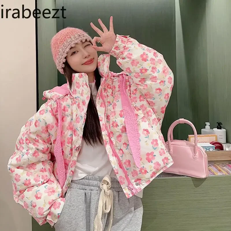 Winter New Korean Style Cute Flower Ribbon Cotton Clothes for Women 2024 Loose Hooded Thickened Velvet Short Puffer Coat