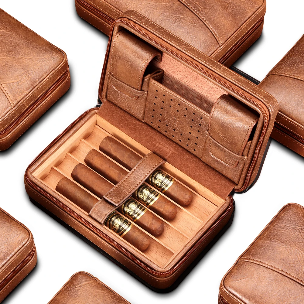 GALINER-시가 휴미더 케이스, 챠루 토 삼나무 목재 가죽 여행용 휴미더 가습기 세트, 선물 상자, 라이터 커터 미포함