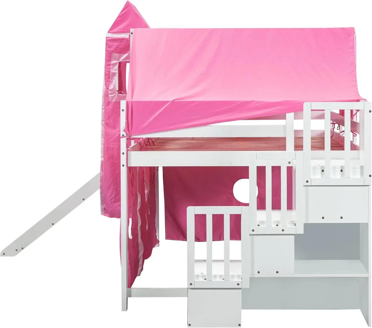 Harper & Bright Designs House Loft Bed avec toboggan et escalier de rangement, lit en bois pour enfants avec tente et tour, Playhouse Loft