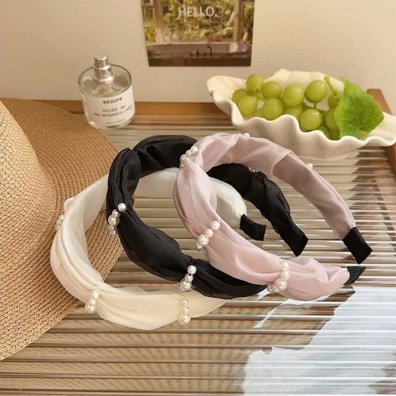 New Pearl Woven Mesh Headband High Sense Simple Hairband Elegance Retro Hairpin Face Wash Hair Pressing Headwear Women