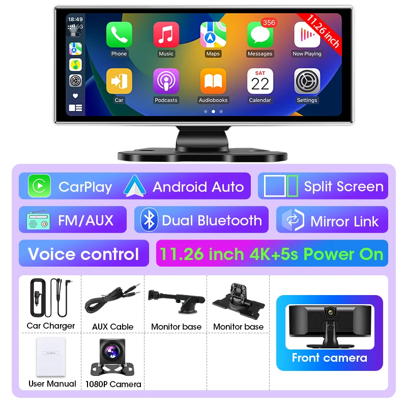 10/11.26 inch Dash Cam 4K Auto DVR Draadloze Carplay & Android Auto GPS Navigatie Video Recorder Dashboard Dual Lens Wifi FM AUX