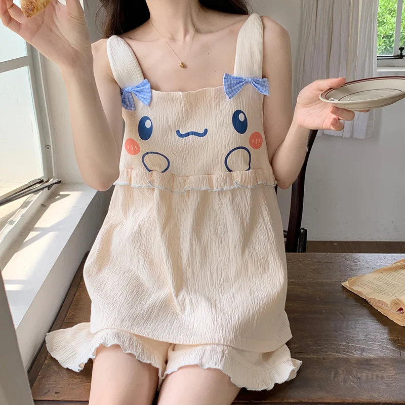 Sanrio Jade Cinnamon Dog Summer Pajamas Women's Chest Pad Suspender Shorts Printed Hanton Cute Cartoon Kulomie Loungewear