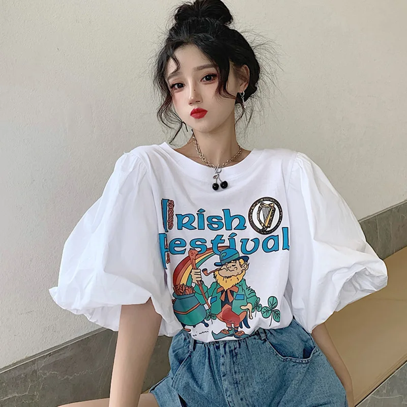 Stylish O-Neck Loose Printed Folds Puff Sleeve Blouse Female Clothing 2023 Summer New Casual Pullovers All-match Korean Shirt