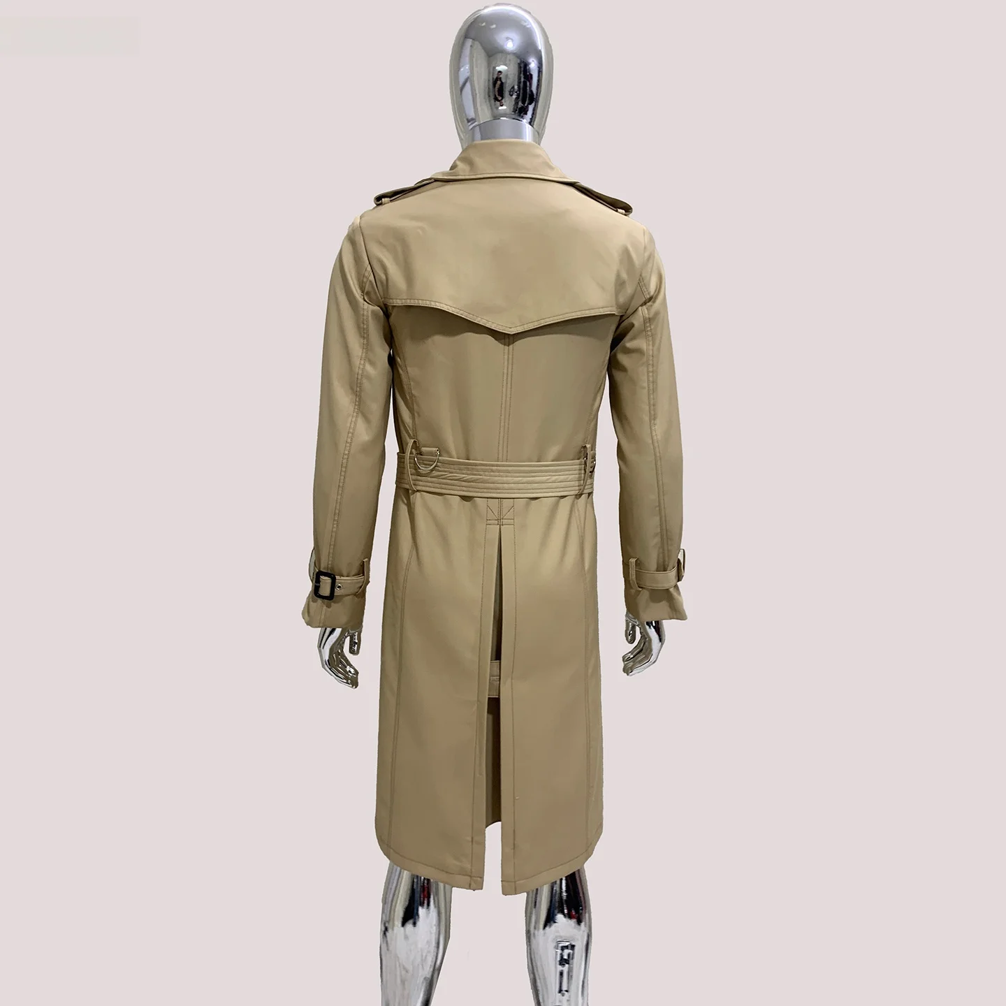

Nerazzurri Khaki Color Slim Fit Waist Cinched Men's Mid-Length Double-Row Buttoned Trench Coat Faionable Urban Sle Polyes...