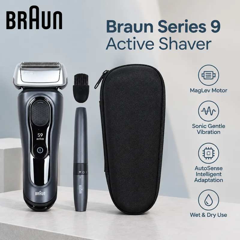 Braun Series 9 Active Electric Shaver MagLev Motor Sonic Vibration AutoSense OneShave Wet Dry 60 Min 90A