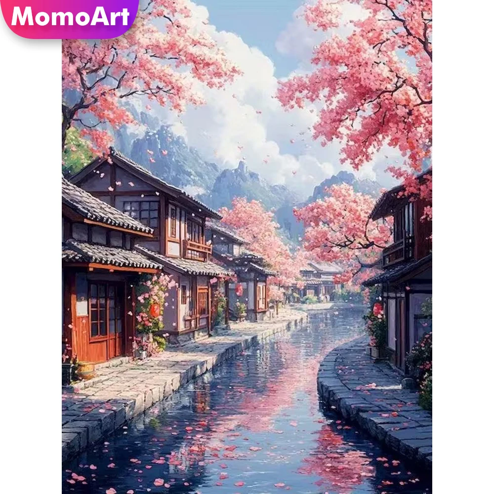 Momoart DIY Vollquadratische und Runde Diamant-Stickerei Haus-Gemälde Straßen-Acryl-Bastelbedarf Landschafts-Mosaik Fluss Einzigartiges Geschenk