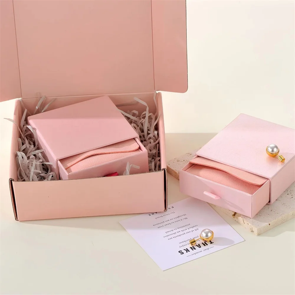 High quality Cardboard Handmade Pink sliding Drawer Jewelry box necklace ring packing Box With Logo