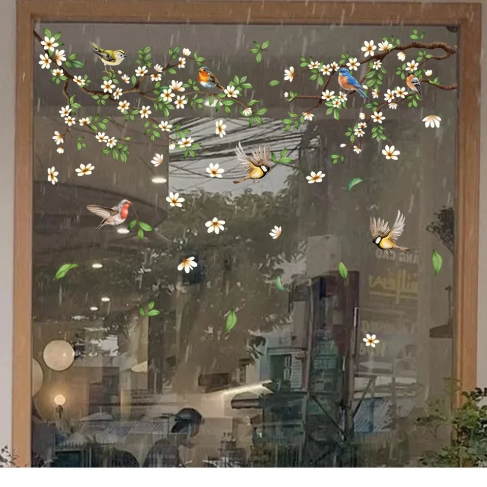 Floral Bird Branch Themed Static Cling Decal for Windows in Home Kitchen Living Room Bathroom and Retail Environments