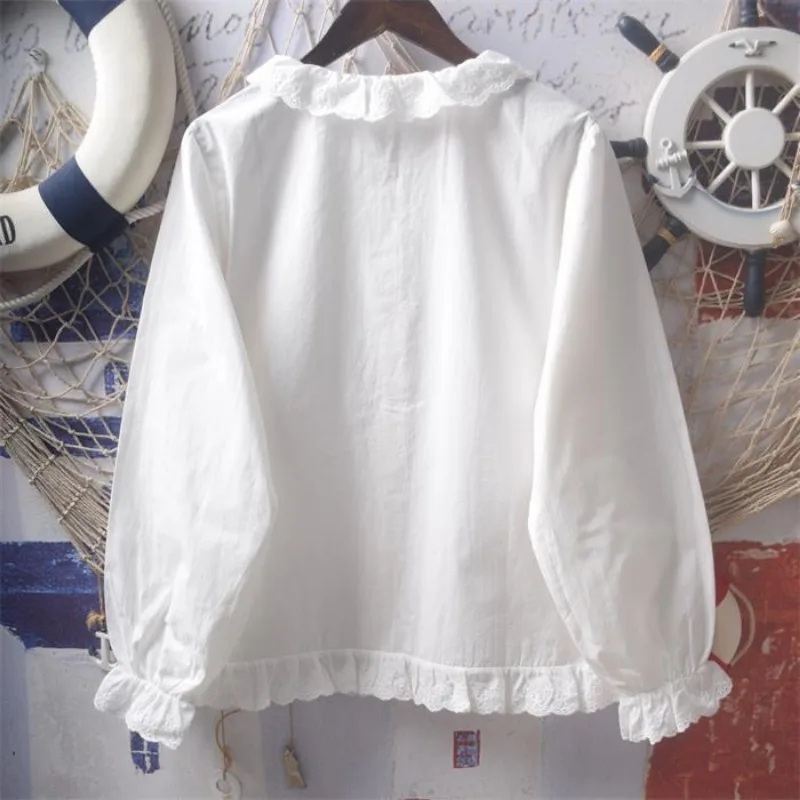 OCEANLOVE-Chemisier à volants en dentelle blanche pour femme, blouse à col claudine, couleur unie, style japonais, mode printemps