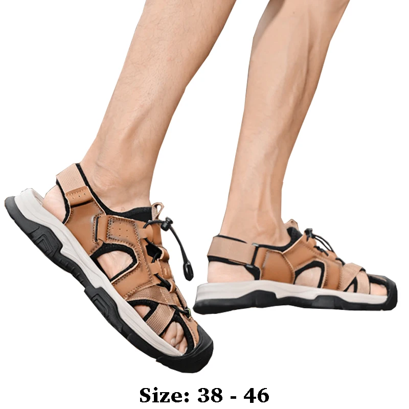 

High quality leather flat sandals for men round toes new summer 2025 size 38 46 casual outdoor walking big size shoe brown grey