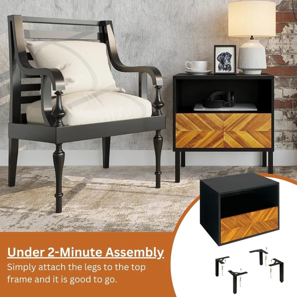 

Solid Wood Nightstand, End Table, Bedside Table with Herringbone Pattern for Rustic Bedroom, Rustic Golden Brown and Black