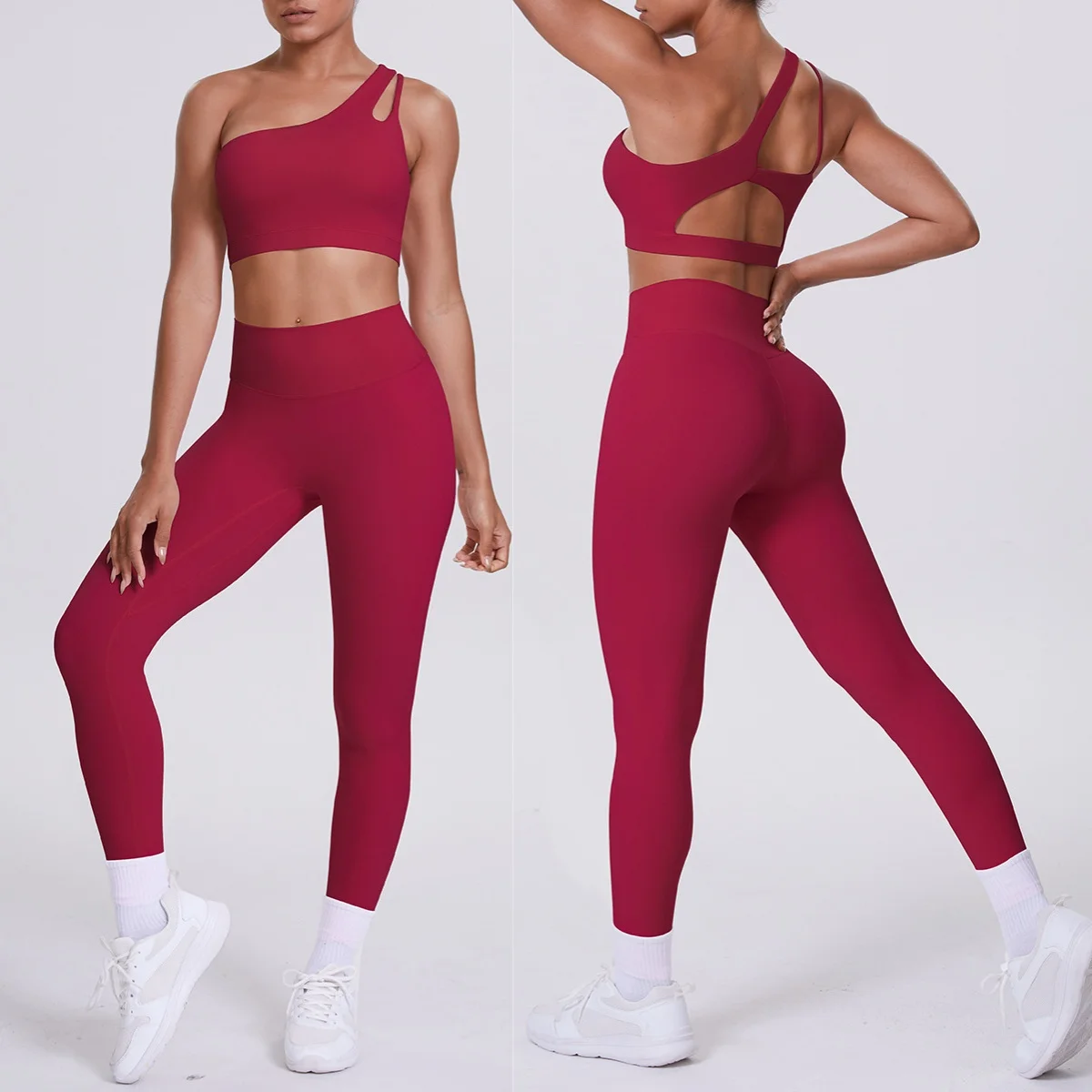 

2PCS Yoga Suit Sports Set Gym Set Women Tracksuit Running Workout Clothes one shoulder hollow out Sports Bra Athletic Clothing