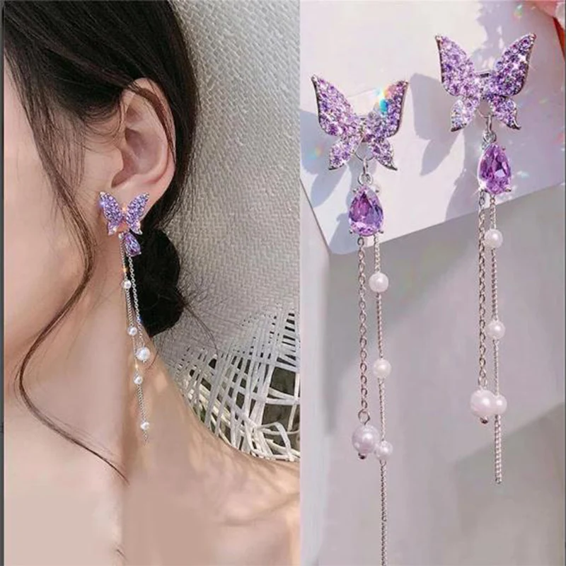 2022 new purple butterfly earrings, a two-wear super fairy long pearl tassel earrings Jewelry women for earrings